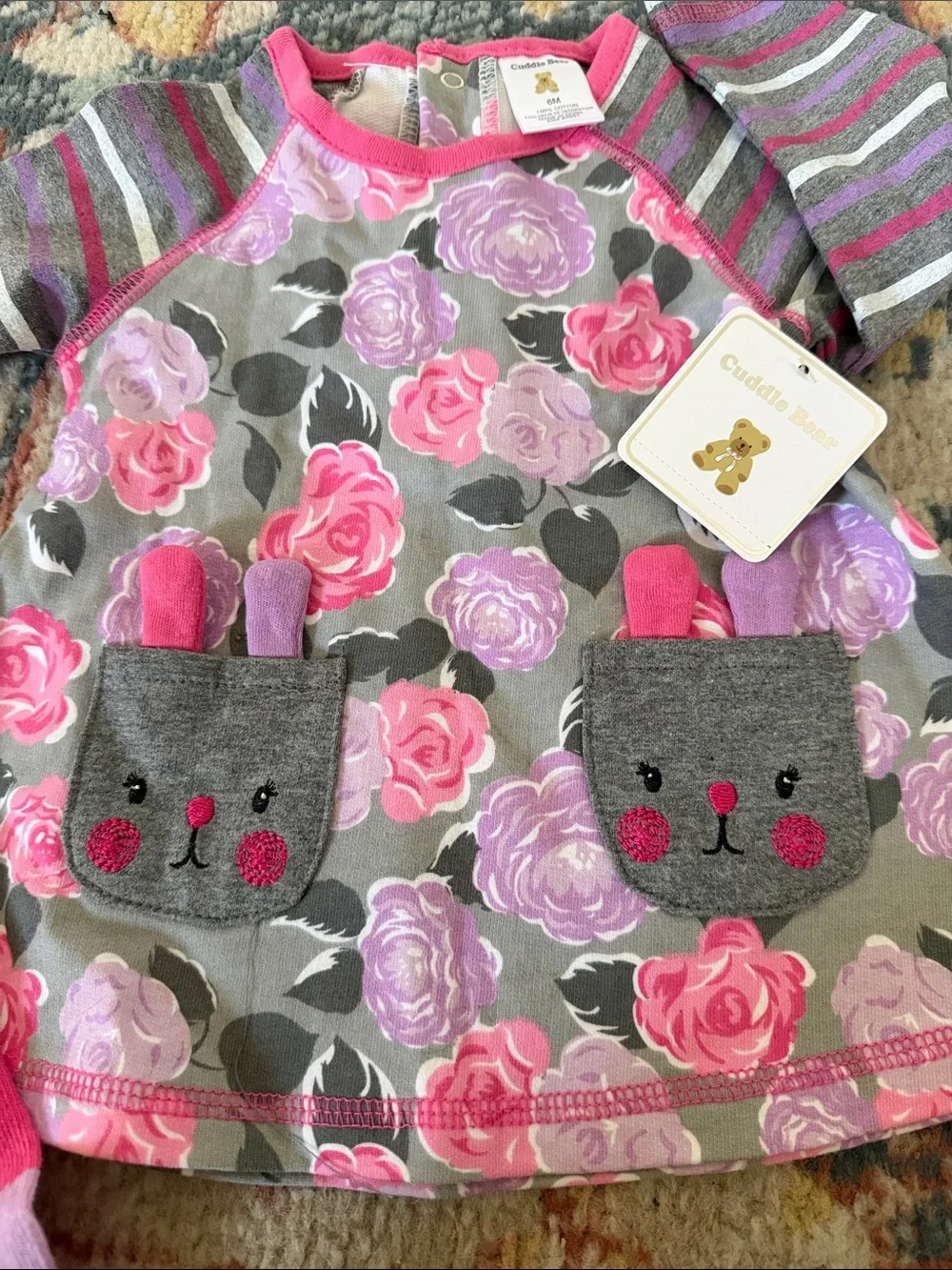 Cuddle Bear Gorgeous Cute 2pc cotton floral dress and hoisery, with BUNNY POCKET